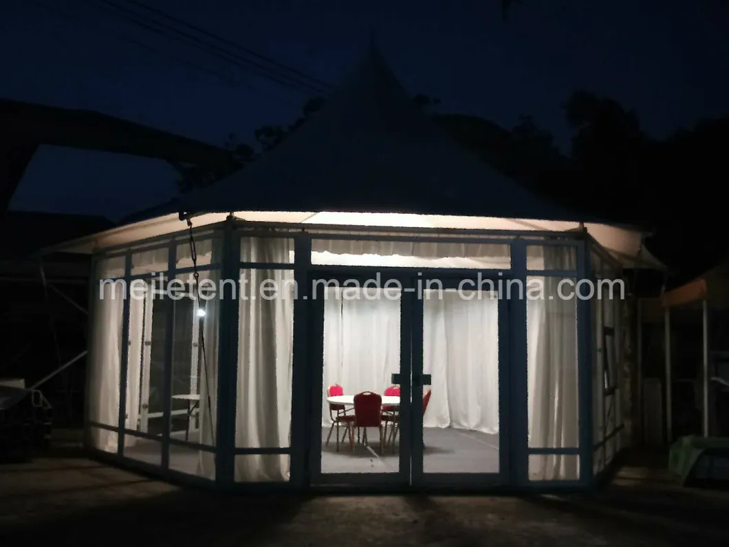 10m External Diameter Luxury Tensioned Membrane Structure Tent, Hexagonal Tent with White Inside Lining, Glass Wall