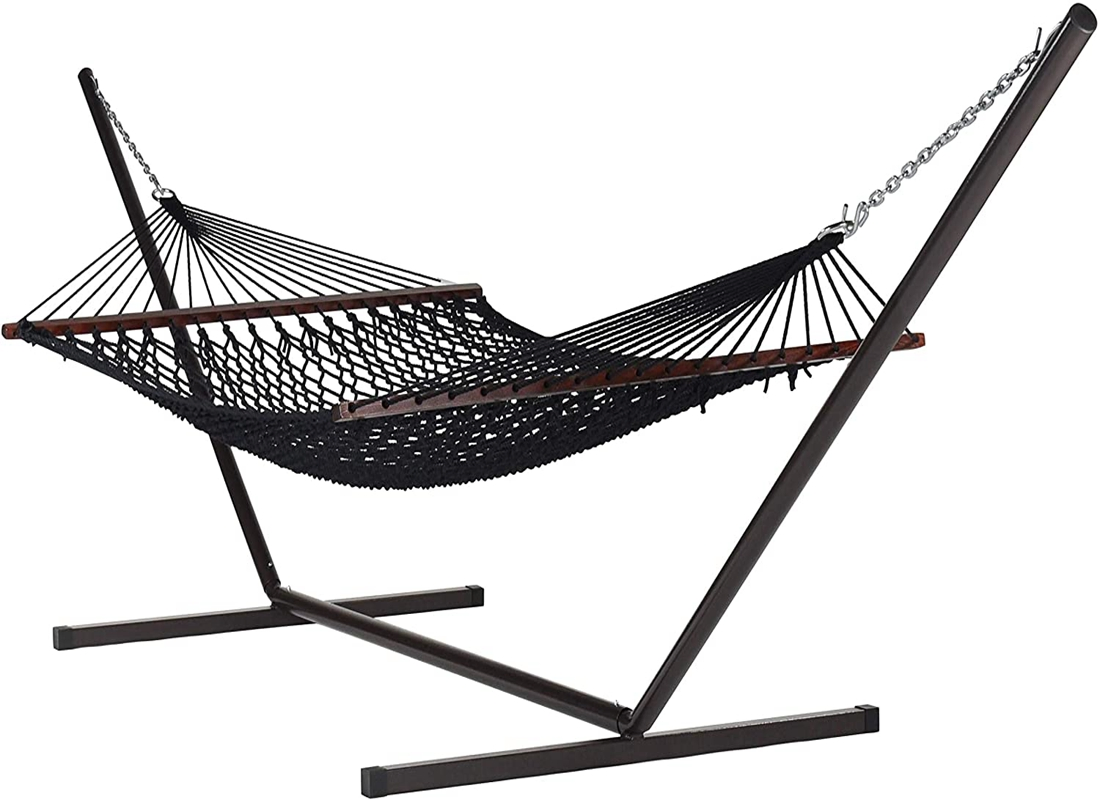 15FT Steel Tribeam Stand with Double Soft-Spun Polyester Rope Hammock Black