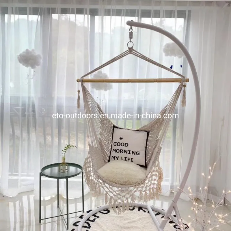 Beach Garden Relaxing Hand Woven Cotton Rope Mesh Hammock Swing with Tassels