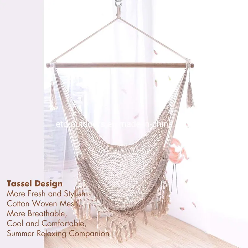 Beach Garden Relaxing Hand Woven Cotton Rope Mesh Hammock Swing with Tassels