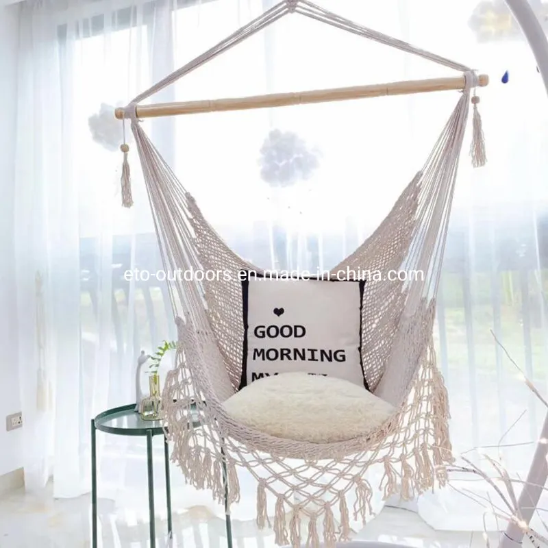 Beach Garden Relaxing Hand Woven Cotton Rope Mesh Hammock Swing with Tassels