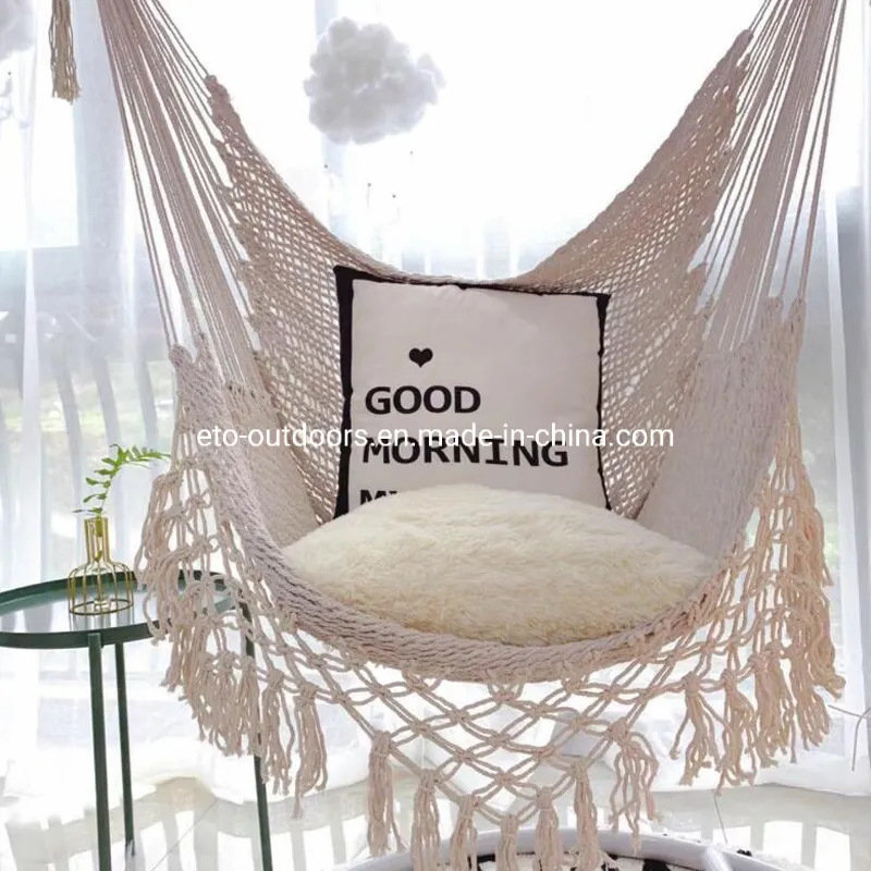 Beach Garden Relaxing Hand Woven Cotton Rope Mesh Hammock Swing with Tassels