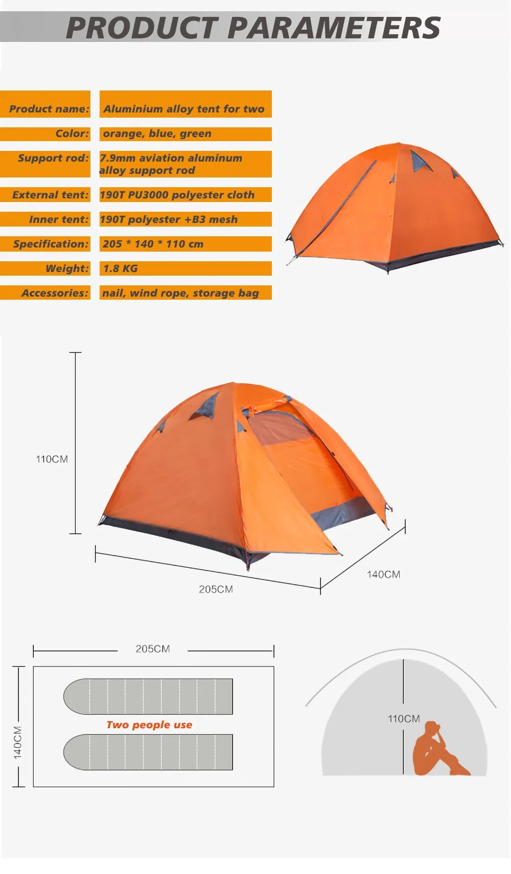 Large Space Aluminum Alloy Fast Opening Camping Tent 3 Person Wp22002