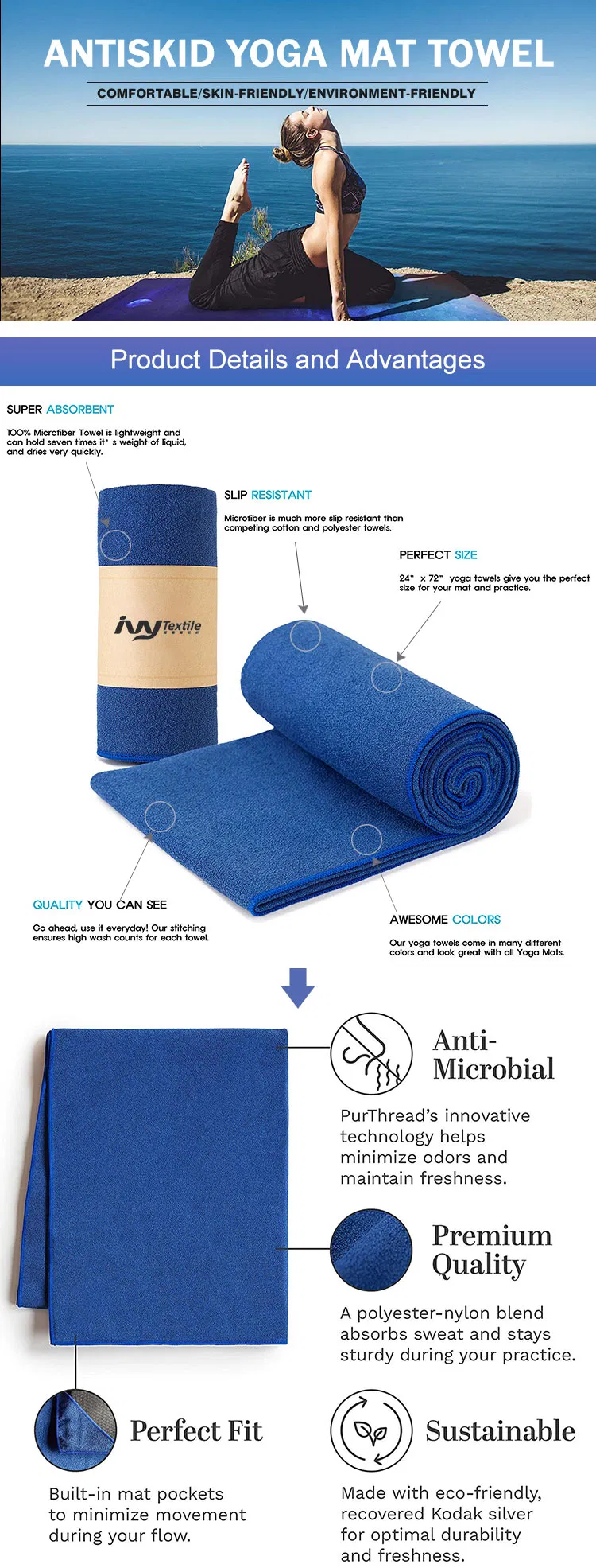 Premium Durable Wholesale 3mm Non Skid Gym Yoga Microfiber Towel Waffle